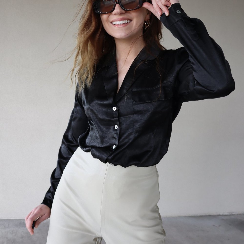 Black satin button down collared top